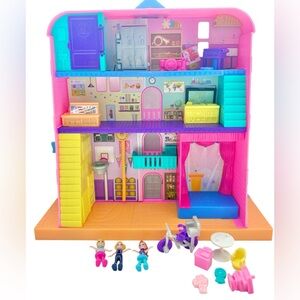 8” Polly Pocket Dollhouse Set - 3 dolls, bicycle and accessories included